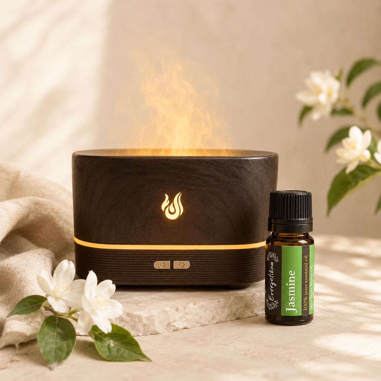 Aroma diffuser vlameffect + etherische olie jasmijn